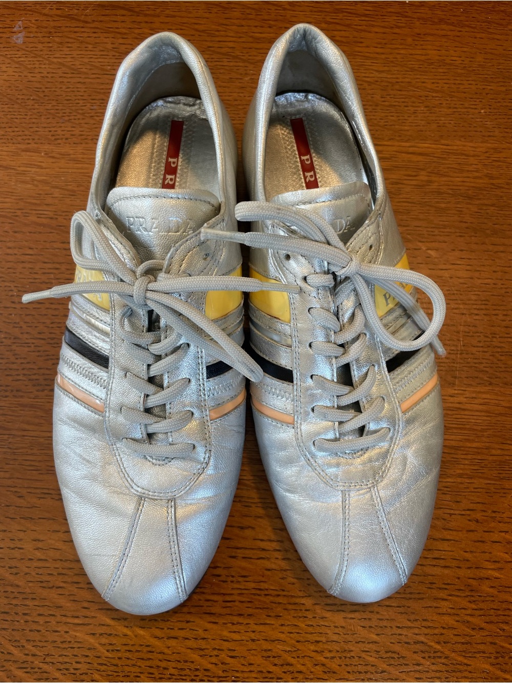 Vintage Prada Silver Leather Sneakers with Yellow, Black & Peach Stripes